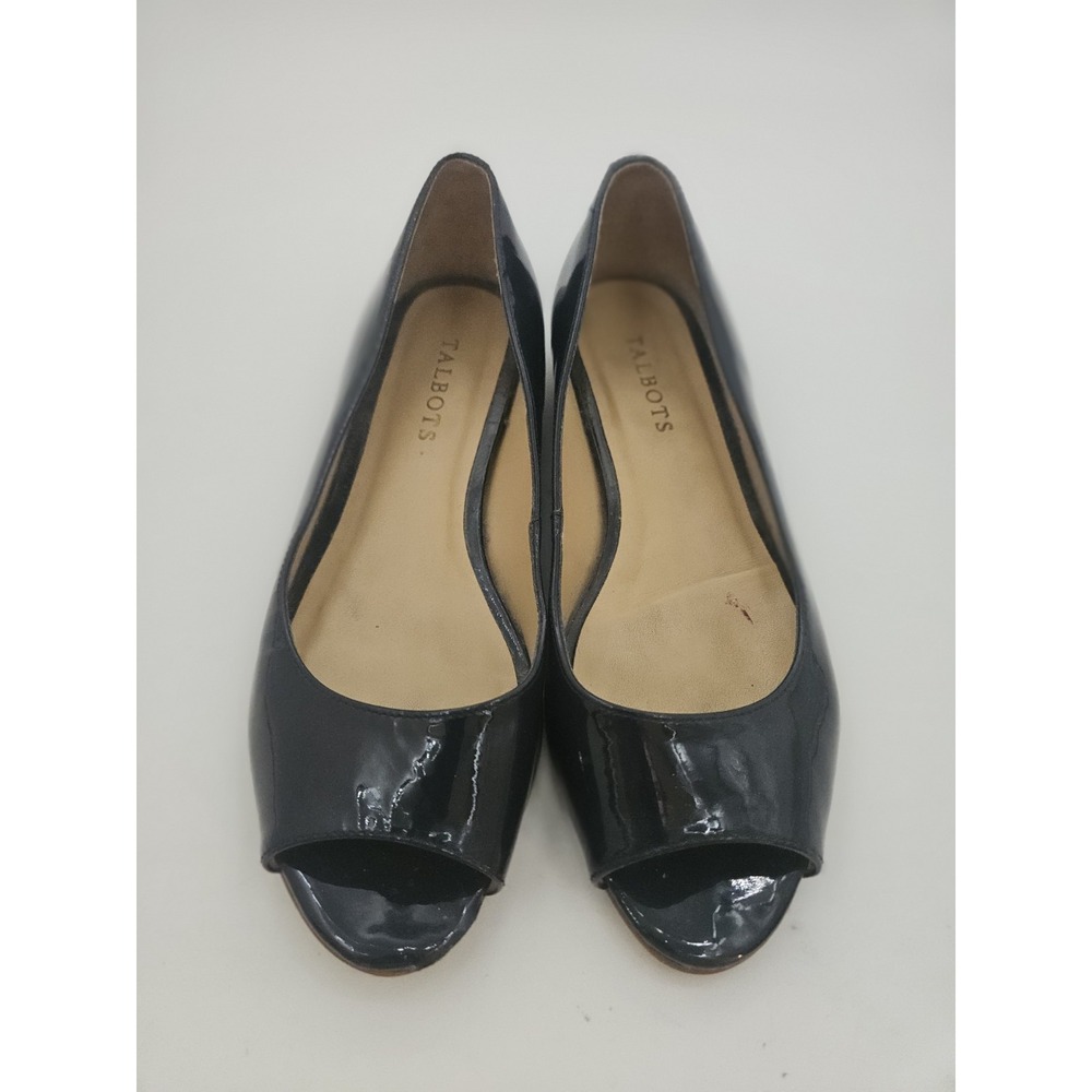 TALBOTS PEEP/OPEN TOE WEDGE SHOES SLIP ON NAVY PATENT LEATHER WOMENS 8.5 M
